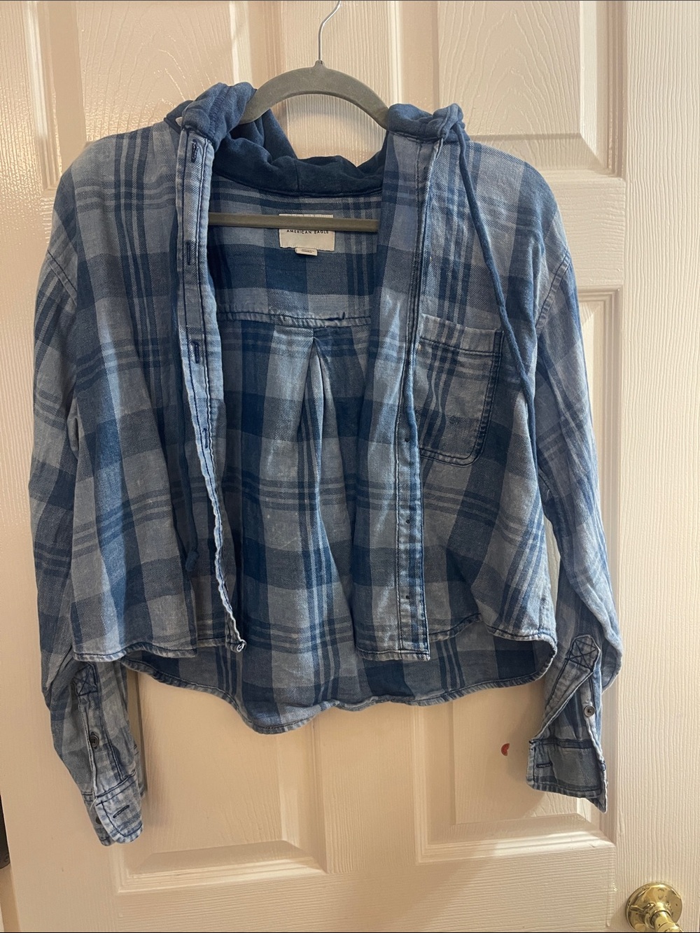 American Eagle Outfitters Blue Plaid Hooded Button-Down Shirt